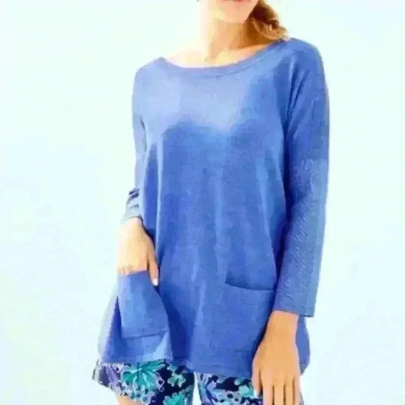 Lilly Pulitzer Cabo Metallic Knit Top Size Small Oversized Blue Metalic Casual - Picture 1 of 7